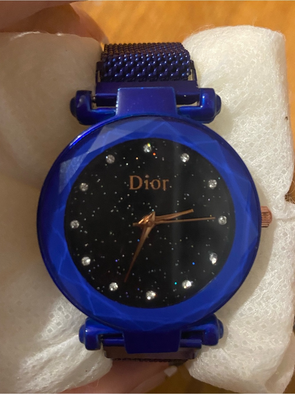 Dior Blue Faceted Crystal Dial Mesh Strap Watch